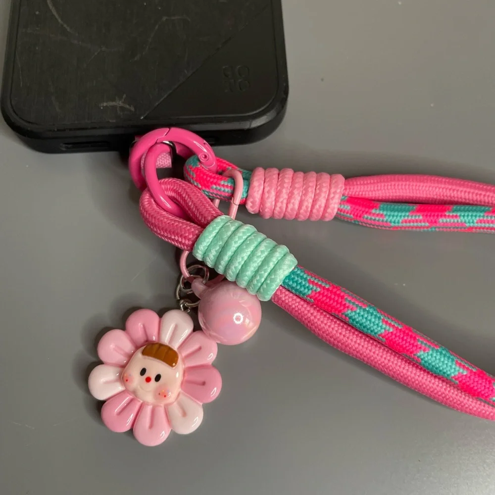 Pink & Teal Floral Charm Phone Wrist Lanyard